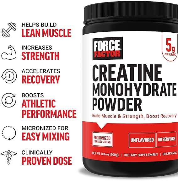 Force Factor Creatine Monohydrate Powder, 5g Micronized Dose to Support Muscle Growth, Strength, Recovery, Cognitive Health & Memory, Unflavored, 60 Servings - Image 2