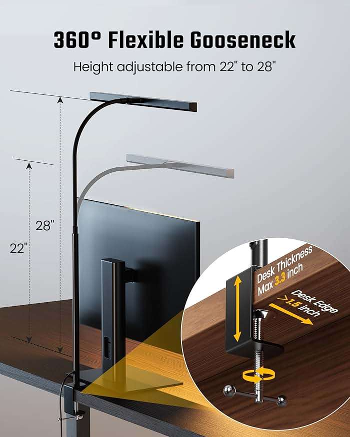 SUPERDANNY LED Desk Lamp for Office Home, Eye-Caring Desk Light with Adjustable Gooseneck, 12W Touch Control Dimmable Brightness, Architect Clamp Lamp with USB Adapter for Reading Study Workbench - Image 6
