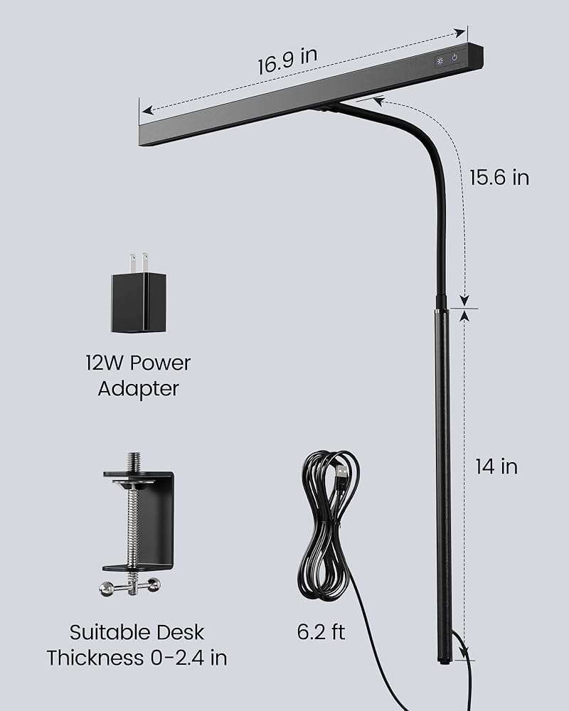 SUPERDANNY LED Desk Lamp for Office Home, Eye-Caring Desk Light with Adjustable Gooseneck, 12W Touch Control Dimmable Brightness, Architect Clamp Lamp with USB Adapter for Reading Study Workbench - Image 8