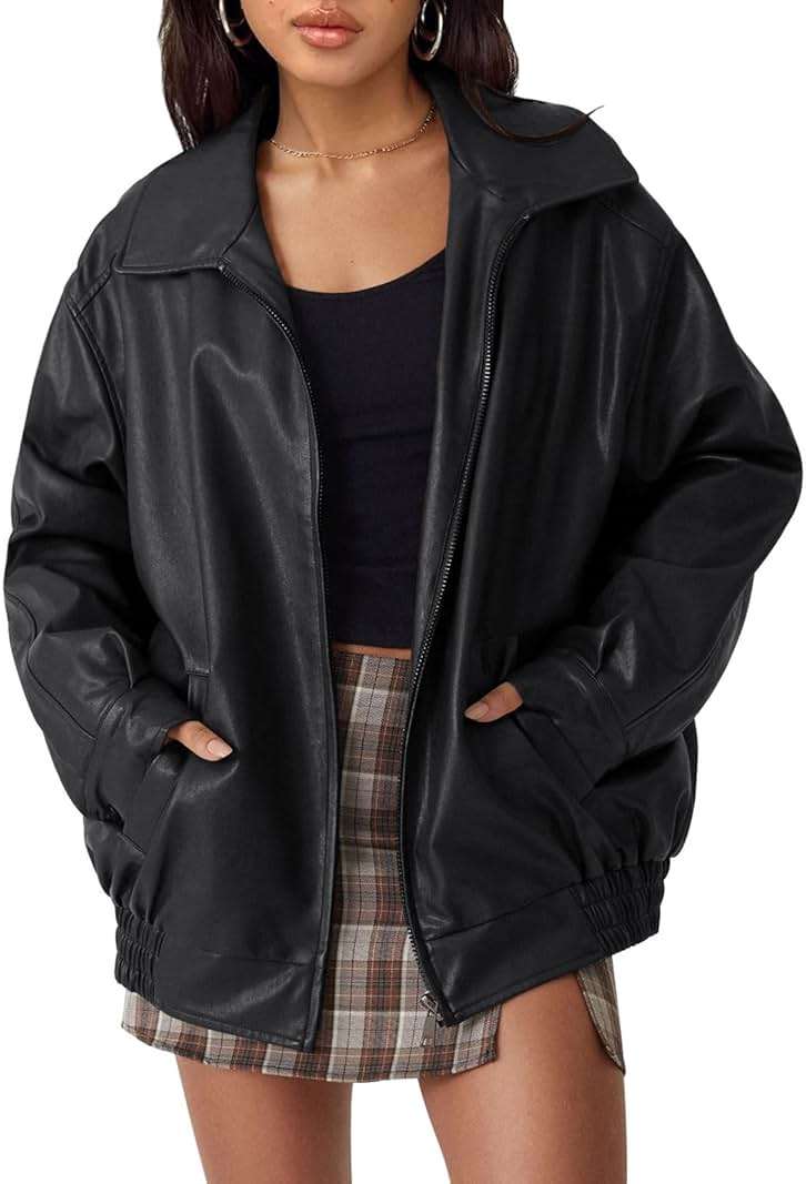 AUTOMET Women's Oversized Faux Leather Jacket Boyfriend Biker Moto Coat Lightweight Fall Bomber Outerwear - Image 2