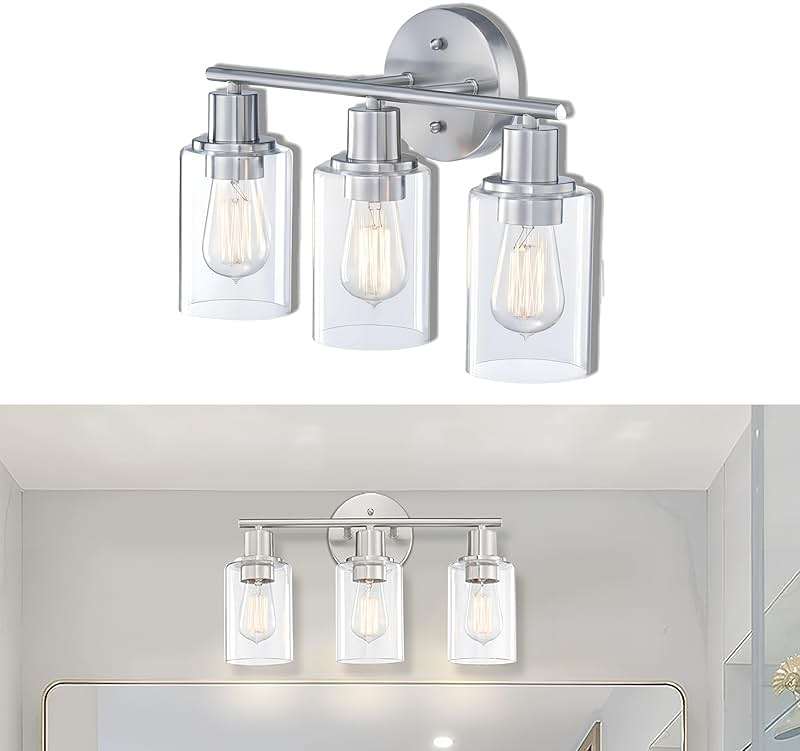 WISBEAM Brushed Nickel Bathroom Vanity Light, 3 Light Bathroom Light Fixtures Over Mirro with Clear Glass Shade Including E26 Medium Base, Bulb NOT Included - Image 1