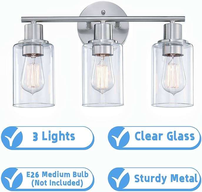 WISBEAM Brushed Nickel Bathroom Vanity Light, 3 Light Bathroom Light Fixtures Over Mirro with Clear Glass Shade Including E26 Medium Base, Bulb NOT Included - Image 2