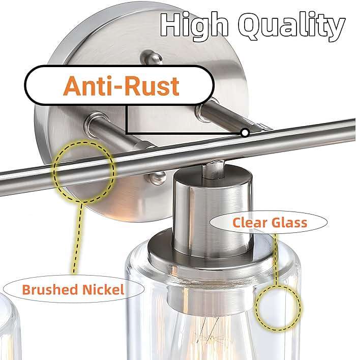 WISBEAM Brushed Nickel Bathroom Vanity Light, 3 Light Bathroom Light Fixtures Over Mirro with Clear Glass Shade Including E26 Medium Base, Bulb NOT Included - Image 3
