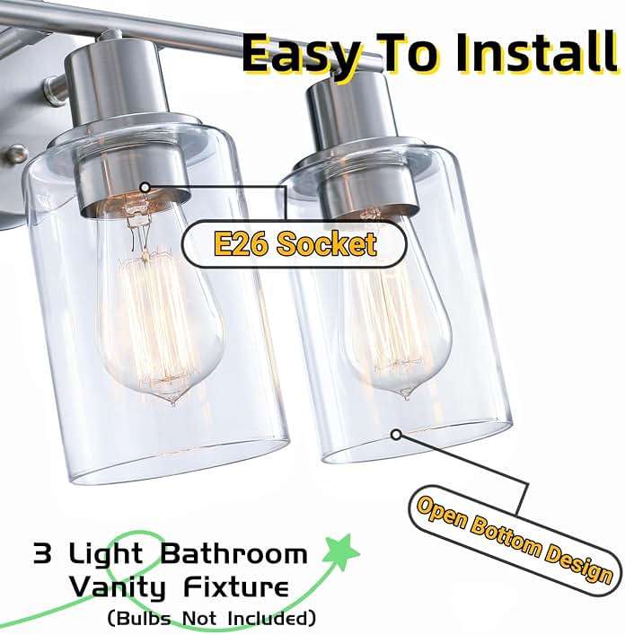 WISBEAM Brushed Nickel Bathroom Vanity Light, 3 Light Bathroom Light Fixtures Over Mirro with Clear Glass Shade Including E26 Medium Base, Bulb NOT Included - Image 4