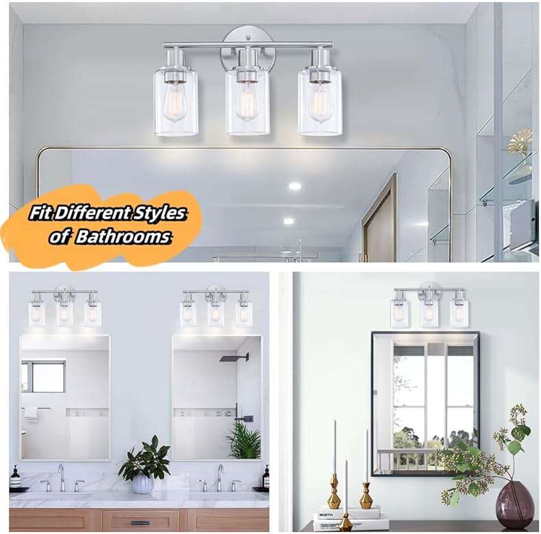 WISBEAM Brushed Nickel Bathroom Vanity Light, 3 Light Bathroom Light Fixtures Over Mirro with Clear Glass Shade Including E26 Medium Base, Bulb NOT Included - Image 5