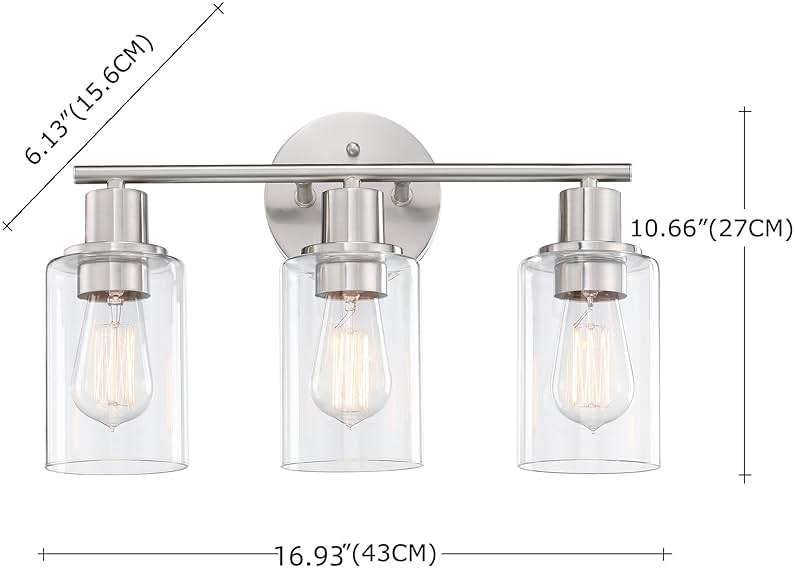 WISBEAM Brushed Nickel Bathroom Vanity Light, 3 Light Bathroom Light Fixtures Over Mirro with Clear Glass Shade Including E26 Medium Base, Bulb NOT Included - Image 6