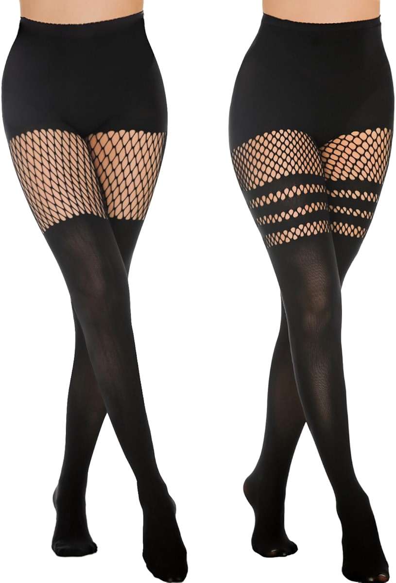 MANZI Faux Thigh High Tights Mock Suspender Pantyhose Striped Goth Fishnets Pack of 2 - Image 1