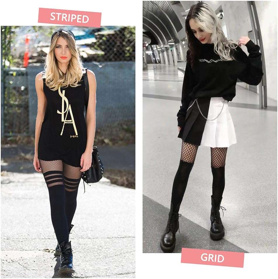 MANZI Faux Thigh High Tights Mock Suspender Pantyhose Striped Goth Fishnets Pack of 2 - Image 2