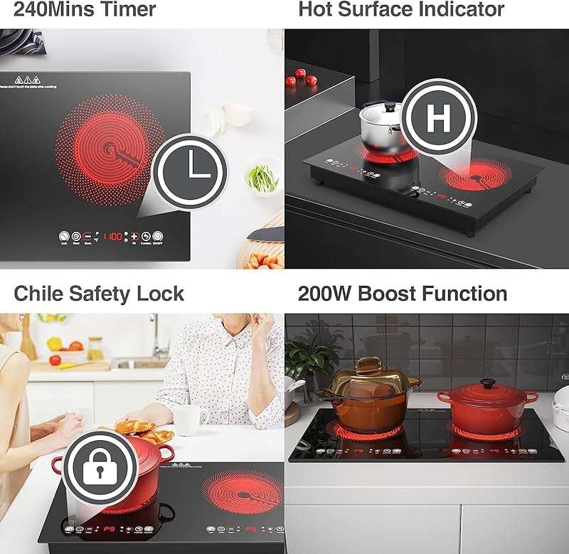 Electric Cooktop, 24 Inch 2 Burner Cooktop 110V, Built-in and Countertop Stove Top Plug in, 2400W Electric Stove, Compatible for All Cookware,Timer & Kid Safety Lock - Image 4