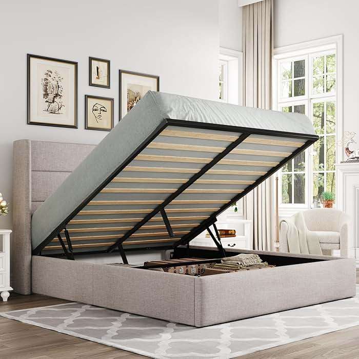 Allewie Queen Size Lift Up Storage Bed, Modern Wingback Headboard, Hydraulic Support, No Box Spring Needed, Light Beige - Image 1