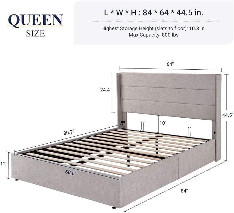 Allewie Queen Size Lift Up Storage Bed, Modern Wingback Headboard, Hydraulic Support, No Box Spring Needed, Light Beige - Image 2