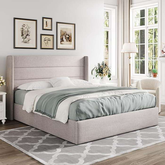 Allewie Queen Size Lift Up Storage Bed, Modern Wingback Headboard, Hydraulic Support, No Box Spring Needed, Light Beige - Image 8