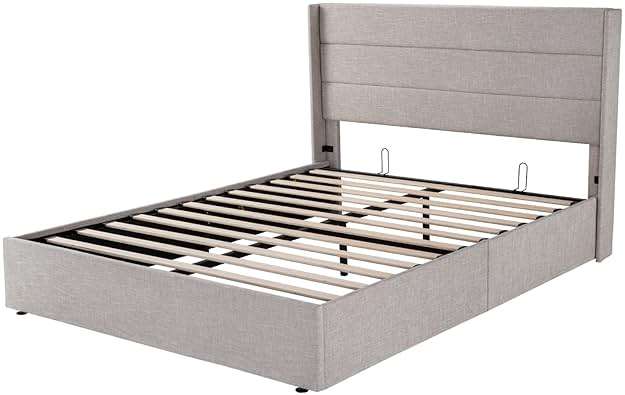 Allewie Queen Size Lift Up Storage Bed, Modern Wingback Headboard, Hydraulic Support, No Box Spring Needed, Light Beige - Image 9