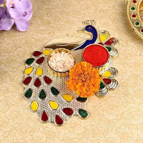 SATVIK 1 Pc Multi Designer Kankavati Thali Roli Chawal/Rice Holder with Lid, Kumkum Haldi Holder Rakhi Pooja Thali Indian Festival Diwali Pujan Mandir Tika Roli Plate Housewarming Gifts Items Pack - Image 3