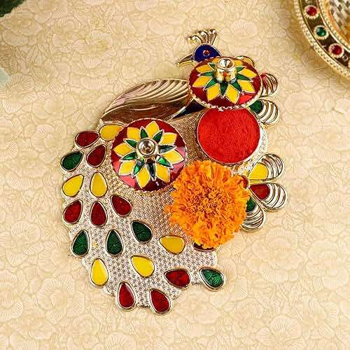 SATVIK 1 Pc Multi Designer Kankavati Thali Roli Chawal/Rice Holder with Lid, Kumkum Haldi Holder Rakhi Pooja Thali Indian Festival Diwali Pujan Mandir Tika Roli Plate Housewarming Gifts Items Pack - Image 7