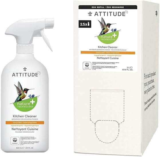 Bundle of ATTITUDE Kitchen All Purpose Cleaner, Multi-Surface Cleaner, Plant & Mineral-based Formula, Citrus Zest, 27.1 fl oz + Bulk Refill, 67.7 Fl Oz - Image 1