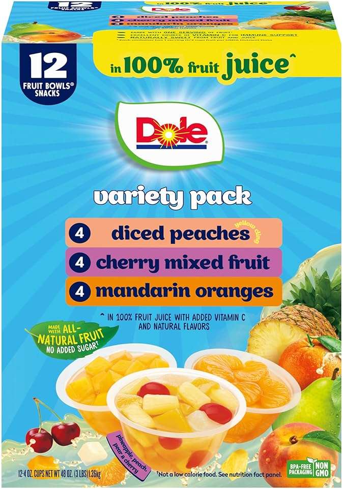 Dole Diced Peaches, Mandarin Oranges, and Cherry Mixed Fruit in 100% Juice Variety Pack - Dole Fruit Bowls Snacks - 4 oz Bowls - 12 Pack - Image 1