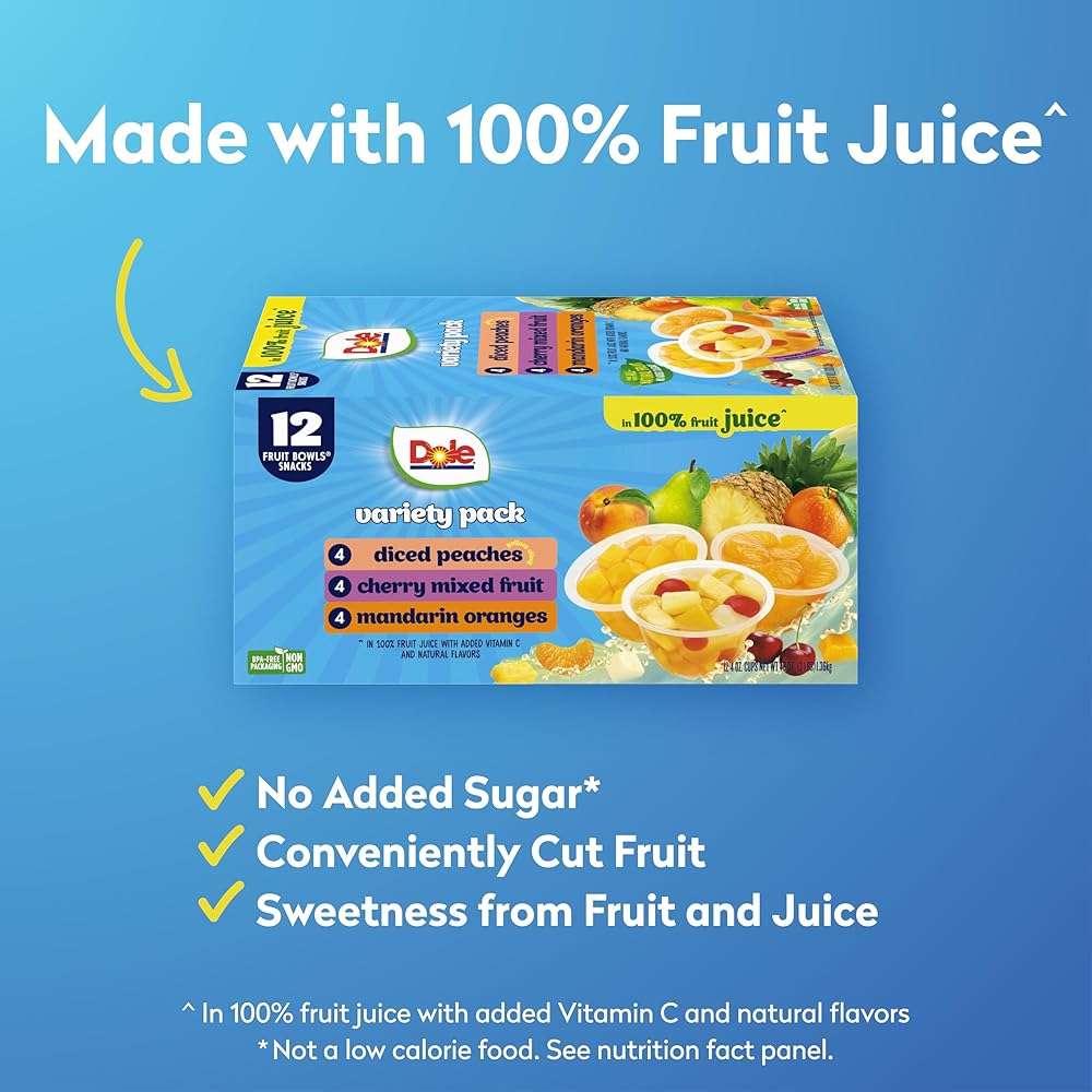 Dole Diced Peaches, Mandarin Oranges, and Cherry Mixed Fruit in 100% Juice Variety Pack - Dole Fruit Bowls Snacks - 4 oz Bowls - 12 Pack - Image 4