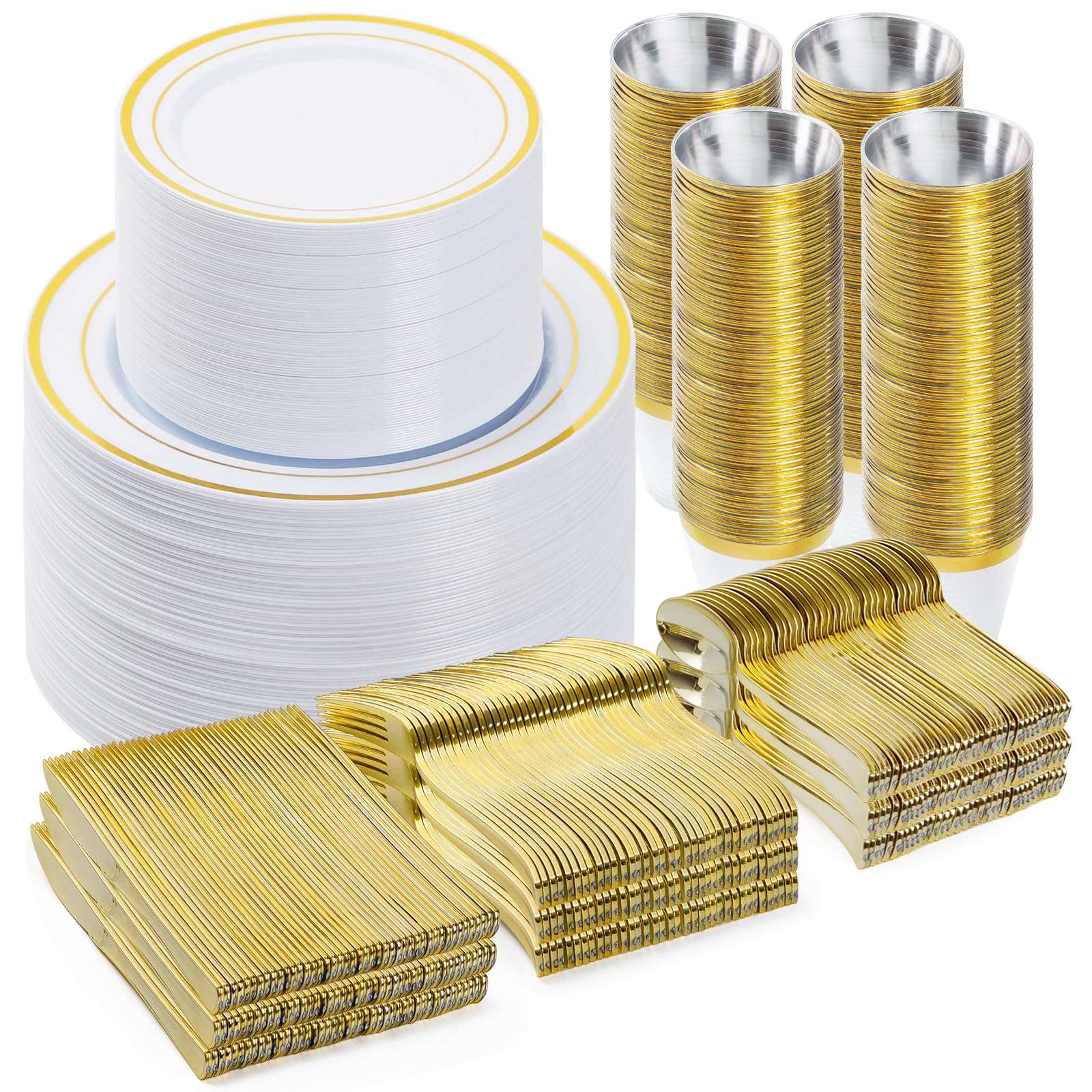 BESTVIP 600PCS Gold Dinnerware Set for 100 Guests, Plastic Plates for Party, 100 Gold Disposable Plates, 100 Dessert Plates, 100 Cups, 100 Spoons, 100 Forks and 100 Knives - Image 1