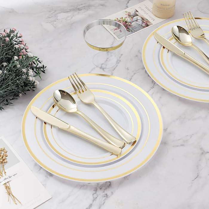 BESTVIP 600PCS Gold Dinnerware Set for 100 Guests, Plastic Plates for Party, 100 Gold Disposable Plates, 100 Dessert Plates, 100 Cups, 100 Spoons, 100 Forks and 100 Knives - Image 2