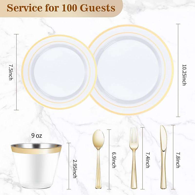 BESTVIP 600PCS Gold Dinnerware Set for 100 Guests, Plastic Plates for Party, 100 Gold Disposable Plates, 100 Dessert Plates, 100 Cups, 100 Spoons, 100 Forks and 100 Knives - Image 3