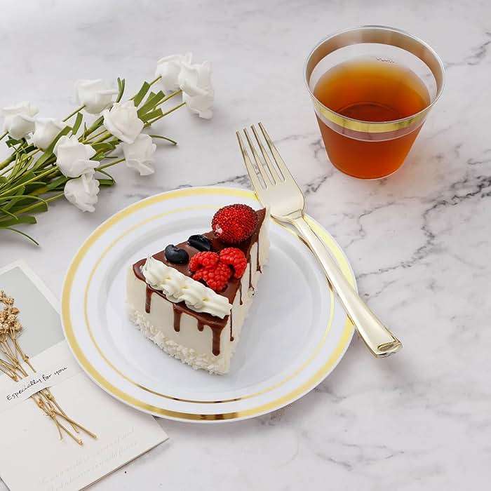 BESTVIP 600PCS Gold Dinnerware Set for 100 Guests, Plastic Plates for Party, 100 Gold Disposable Plates, 100 Dessert Plates, 100 Cups, 100 Spoons, 100 Forks and 100 Knives - Image 4