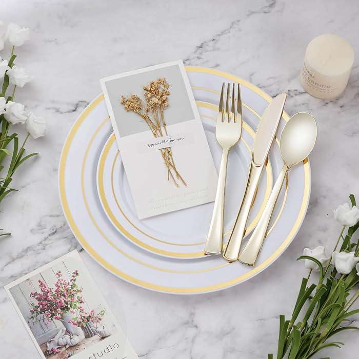 BESTVIP 600PCS Gold Dinnerware Set for 100 Guests, Plastic Plates for Party, 100 Gold Disposable Plates, 100 Dessert Plates, 100 Cups, 100 Spoons, 100 Forks and 100 Knives - Image 5