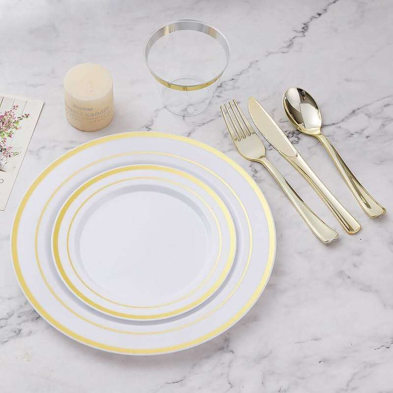 BESTVIP 600PCS Gold Dinnerware Set for 100 Guests, Plastic Plates for Party, 100 Gold Disposable Plates, 100 Dessert Plates, 100 Cups, 100 Spoons, 100 Forks and 100 Knives - Image 6