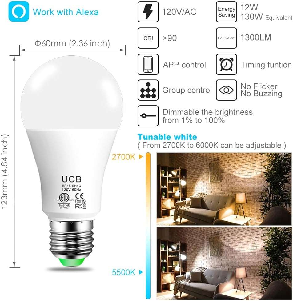UCB Alexa Light Bulb 130W Equivalent, Smart Light Bulbs Warm White to Daylight Tunable, A19 E26 Bluetooth LED Bulbs Work with Alexa Only for Bedroom Kitchen Living Office No WiFi Required 4 Pack - Image 2