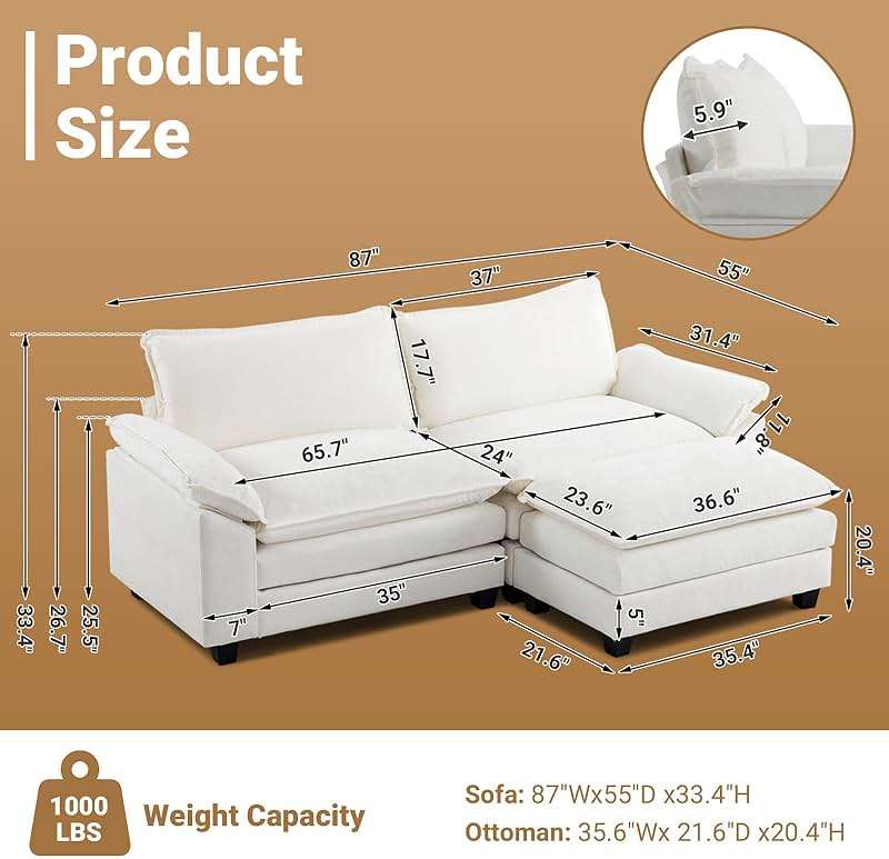 VINGLI 87" Convertible Sectional Sofa,L-Shaped Deep Seat Sofa Couch for Living Room,Modern 2-Seat Loveseat Sofa with Ottoman for Small Space(Creamy White, 87") - Image 2