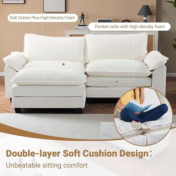 VINGLI 87" Convertible Sectional Sofa,L-Shaped Deep Seat Sofa Couch for Living Room,Modern 2-Seat Loveseat Sofa with Ottoman for Small Space(Creamy White, 87") - Image 4