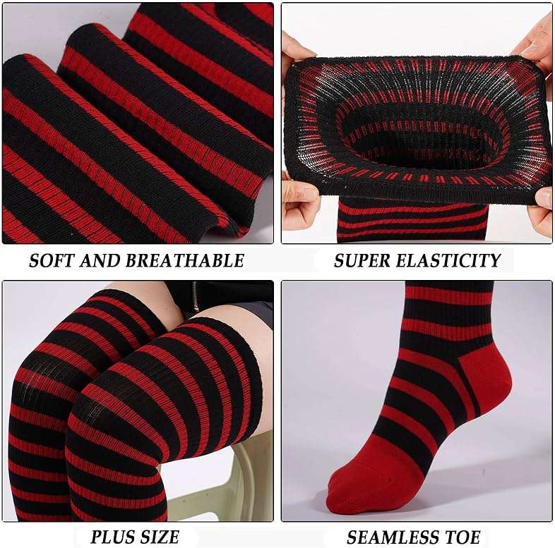 Moon Wood Plus Size Thigh High Socks for Women Knit Cotton Extra Long Striped Over the Knee High Socks Leg Warmers - Image 4