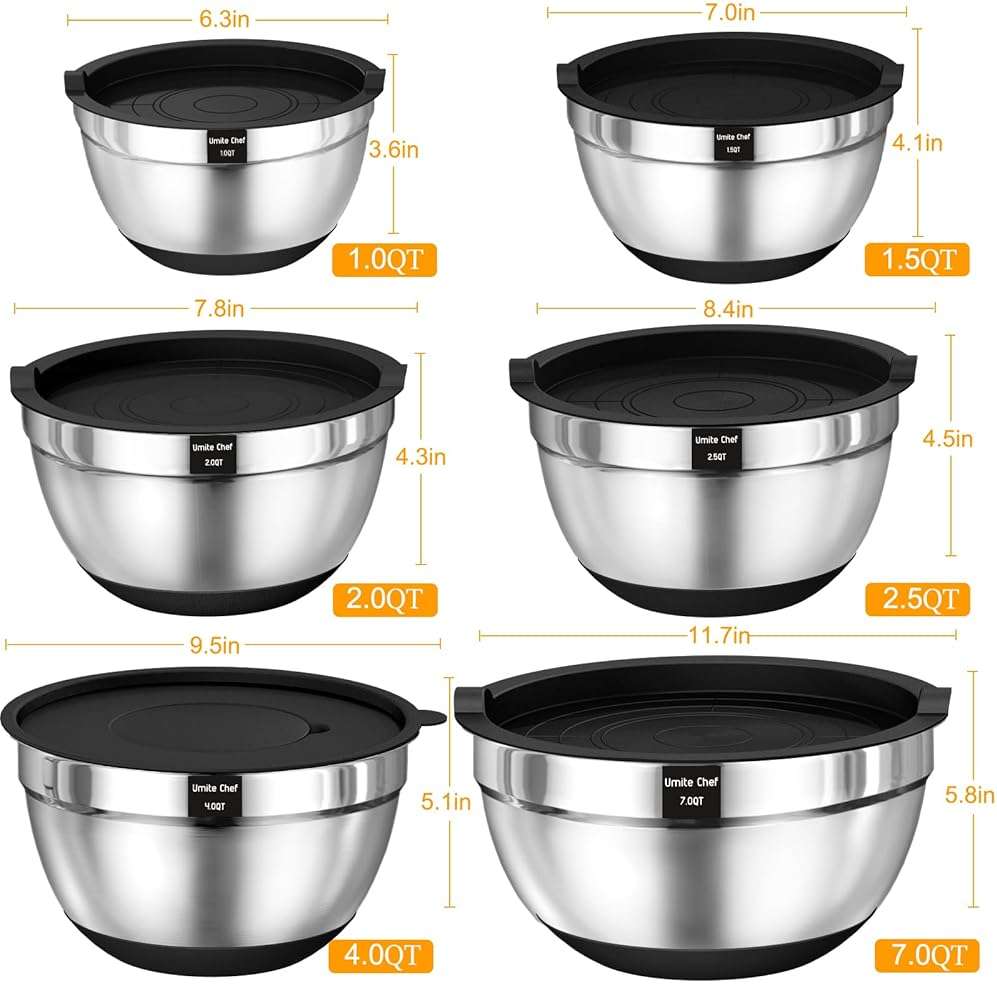 Thickened Heavy-Duty 26pcs Stainless Steel Bowl, Mixing Bowl Set with Lid, Grater Attachment, Non-Slip Bottom and Kitchen Gadget Set, Sizes 7, 4, 2.5, 2.0, 1.5, 1QT, Ideal for Mixing and Serving - Image 2