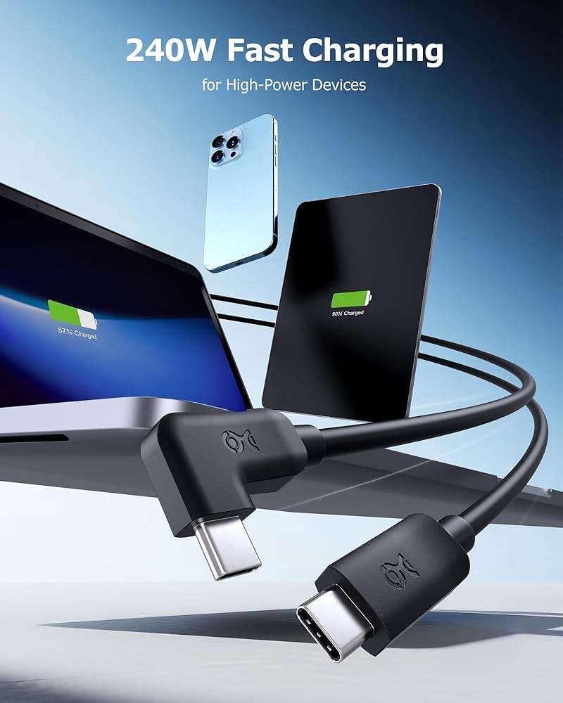 Cable Matters 20Gbps Right Angle USB C Cable - 6ft, Supports Up to [8K@30Hz / 4K@120Hz Video, 240W Charging, 20Gbps Data Transfer] 90 Degree USB C Cable, Right-Angle USBC to USBC Cord - Image 3