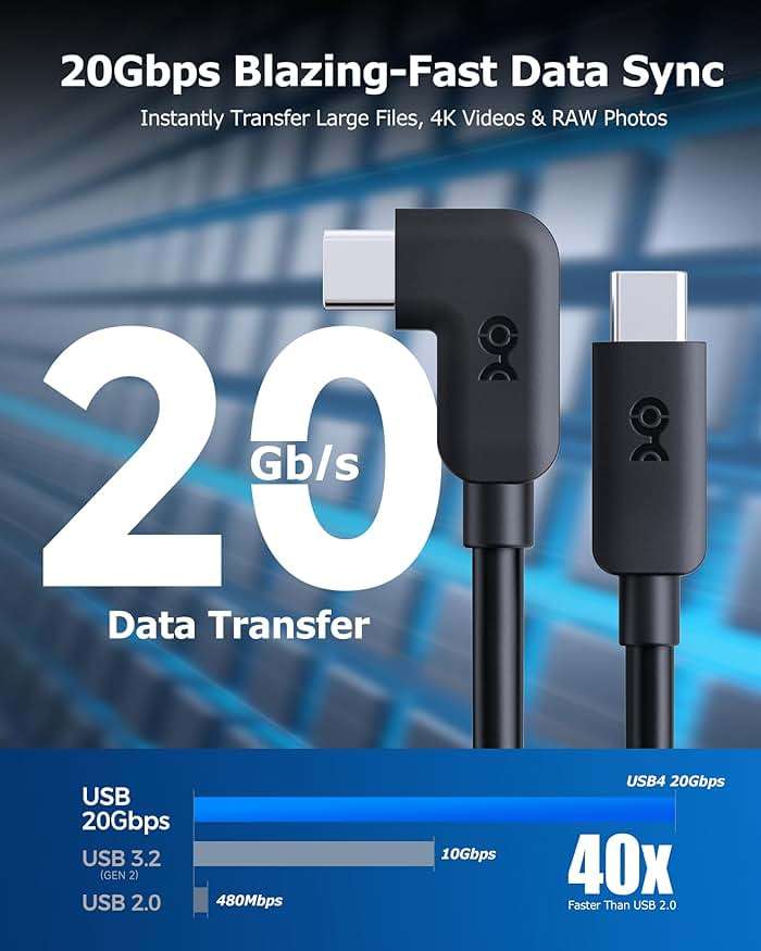 Cable Matters 20Gbps Right Angle USB C Cable - 6ft, Supports Up to [8K@30Hz / 4K@120Hz Video, 240W Charging, 20Gbps Data Transfer] 90 Degree USB C Cable, Right-Angle USBC to USBC Cord - Image 4