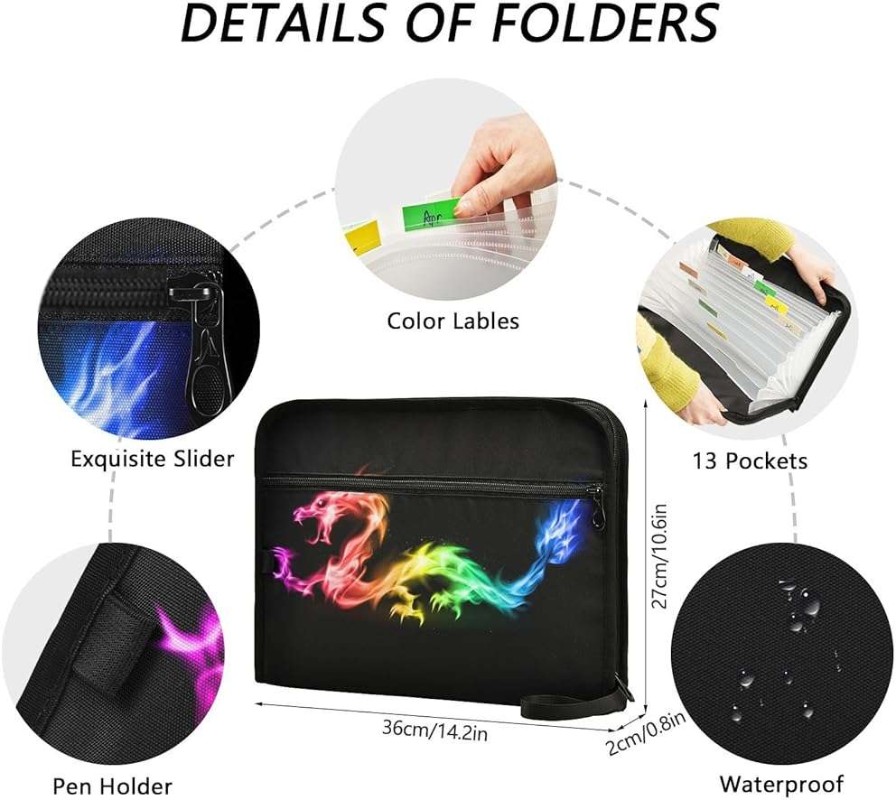 Fire Rainbow Dragon Expanding File Folder, 13 Pockets Accordion File Organizer with Sticky Labels Zipper Portable A4 Document Organizer for Home Office School Supplies - Image 3