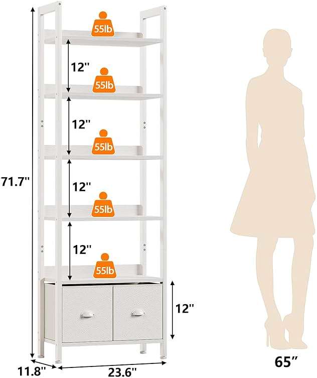 Furologee White 6 Tier Bookshelf with Drawers, Tall 71" Bookcase with Shelves, Modern Wood and Metal Bookshelves Storage Organizer, Display Free Standing Shelf Unit for Bedroom, Living Room, Office - Image 3