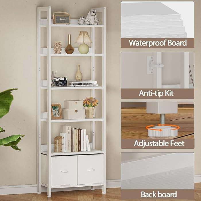 Furologee White 6 Tier Bookshelf with Drawers, Tall 71" Bookcase with Shelves, Modern Wood and Metal Bookshelves Storage Organizer, Display Free Standing Shelf Unit for Bedroom, Living Room, Office - Image 4