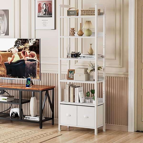 Furologee White 6 Tier Bookshelf with Drawers, Tall 71" Bookcase with Shelves, Modern Wood and Metal Bookshelves Storage Organizer, Display Free Standing Shelf Unit for Bedroom, Living Room, Office - Image 6