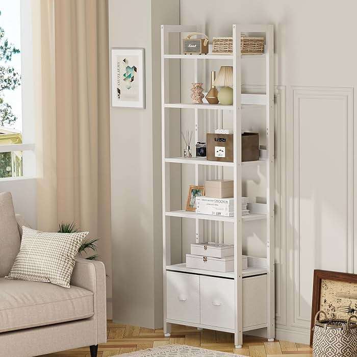 Furologee White 6 Tier Bookshelf with Drawers, Tall 71" Bookcase with Shelves, Modern Wood and Metal Bookshelves Storage Organizer, Display Free Standing Shelf Unit for Bedroom, Living Room, Office - Image 7