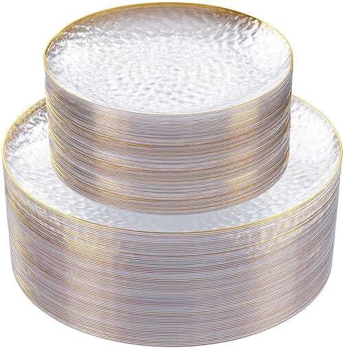 Rubtlamp 60Pcs Clear Plastic Plates,Clear Disposable Plates With Gold Rim,Heavy-duty Gold Plates,Hammered Party Plates Include 30Clear Dessert-Platos,30Dinner-Platos for Wedding, Party - Image 1