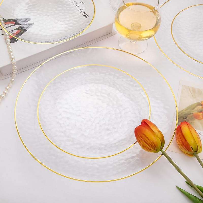 Rubtlamp 60Pcs Clear Plastic Plates,Clear Disposable Plates With Gold Rim,Heavy-duty Gold Plates,Hammered Party Plates Include 30Clear Dessert-Platos,30Dinner-Platos for Wedding, Party - Image 2