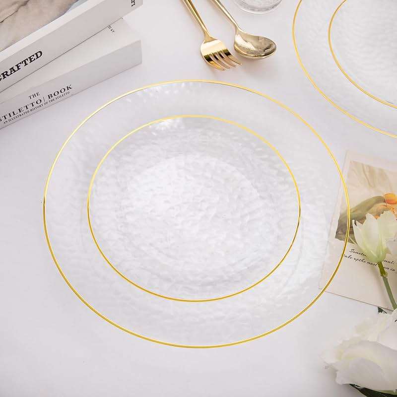 Rubtlamp 60Pcs Clear Plastic Plates,Clear Disposable Plates With Gold Rim,Heavy-duty Gold Plates,Hammered Party Plates Include 30Clear Dessert-Platos,30Dinner-Platos for Wedding, Party - Image 3