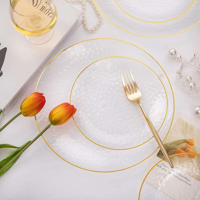 Rubtlamp 60Pcs Clear Plastic Plates,Clear Disposable Plates With Gold Rim,Heavy-duty Gold Plates,Hammered Party Plates Include 30Clear Dessert-Platos,30Dinner-Platos for Wedding, Party - Image 4