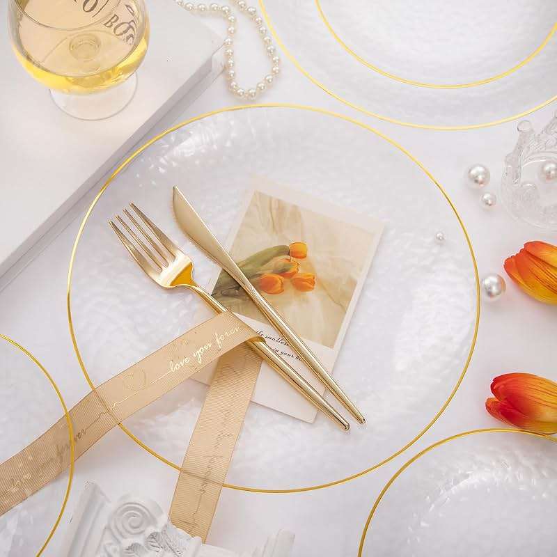 Rubtlamp 60Pcs Clear Plastic Plates,Clear Disposable Plates With Gold Rim,Heavy-duty Gold Plates,Hammered Party Plates Include 30Clear Dessert-Platos,30Dinner-Platos for Wedding, Party - Image 5