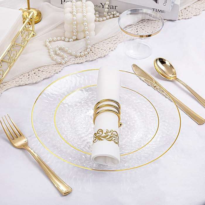Rubtlamp 60Pcs Clear Plastic Plates,Clear Disposable Plates With Gold Rim,Heavy-duty Gold Plates,Hammered Party Plates Include 30Clear Dessert-Platos,30Dinner-Platos for Wedding, Party - Image 6