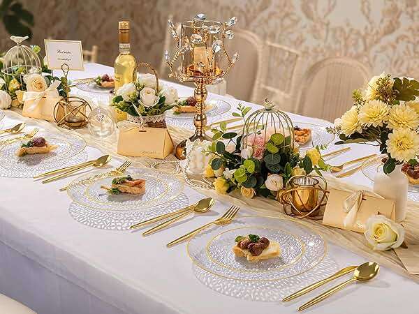 Rubtlamp 60Pcs Clear Plastic Plates,Clear Disposable Plates With Gold Rim,Heavy-duty Gold Plates,Hammered Party Plates Include 30Clear Dessert-Platos,30Dinner-Platos for Wedding, Party - Image 7