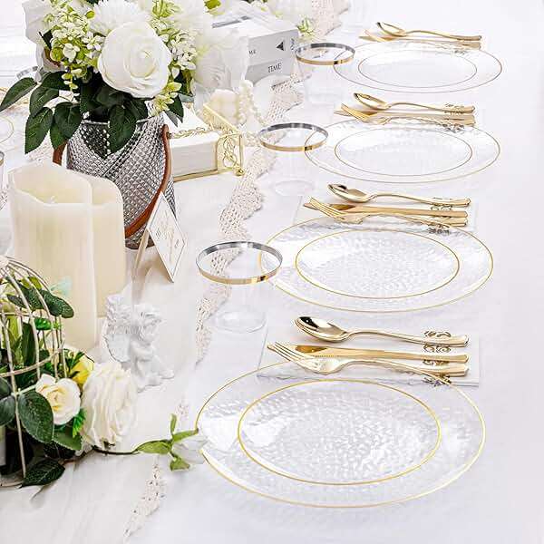 Rubtlamp 60Pcs Clear Plastic Plates,Clear Disposable Plates With Gold Rim,Heavy-duty Gold Plates,Hammered Party Plates Include 30Clear Dessert-Platos,30Dinner-Platos for Wedding, Party - Image 8