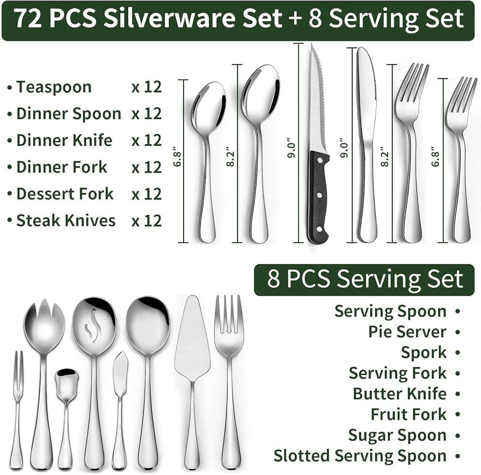 80 Pieces Silverware Set with Serving Utensils Set, CEKEE Stainless Steel Flatware Set for 12 with Steak Knives, Heavy Duty Cutlery Set, Kitchen Utensil Sets for Home Restaurant, Dishwasher Safe - Image 2