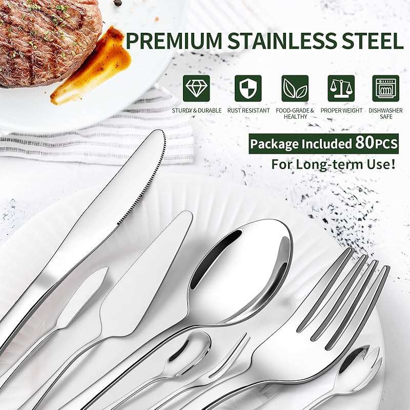 80 Pieces Silverware Set with Serving Utensils Set, CEKEE Stainless Steel Flatware Set for 12 with Steak Knives, Heavy Duty Cutlery Set, Kitchen Utensil Sets for Home Restaurant, Dishwasher Safe - Image 3
